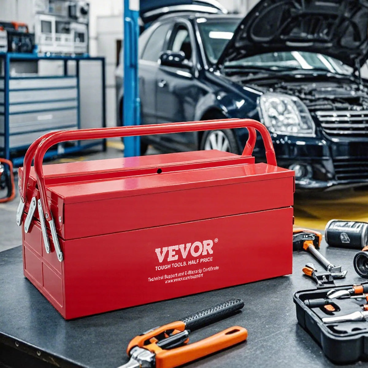 VEVOR Folding Metal Tool Box 356 mm, 2 Tiers, 3 Compartments, with Handle and Lock Slot, Red