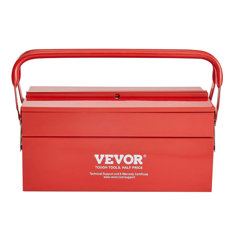 Metāla instrumentu kaste 35,6 cm, 2 līmeņu, 3 nodalījumu salokāma pārnēsājama ar rokturi un aizslēga vietu, pulverkrāsots tērauds, sarkana