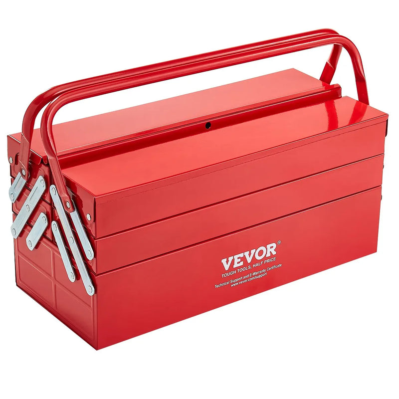 Metāla instrumentu kaste 45,7 cm, 3 līmeņu 5 nodalījumu salokāma pārnēsājama ar rokturi un aizslēga vietu, pulverkrāsots tērauds, sarkana