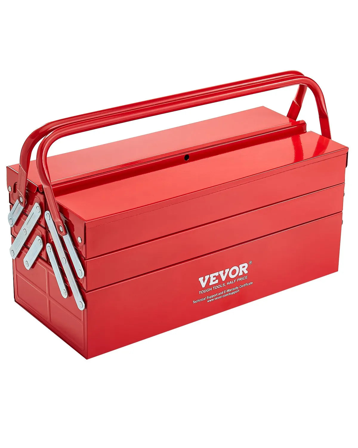 VEVOR Folding Metal Tool Box 457 mm, 3 Tiers, 5 Compartments, with Handle and Lock Slot, Red