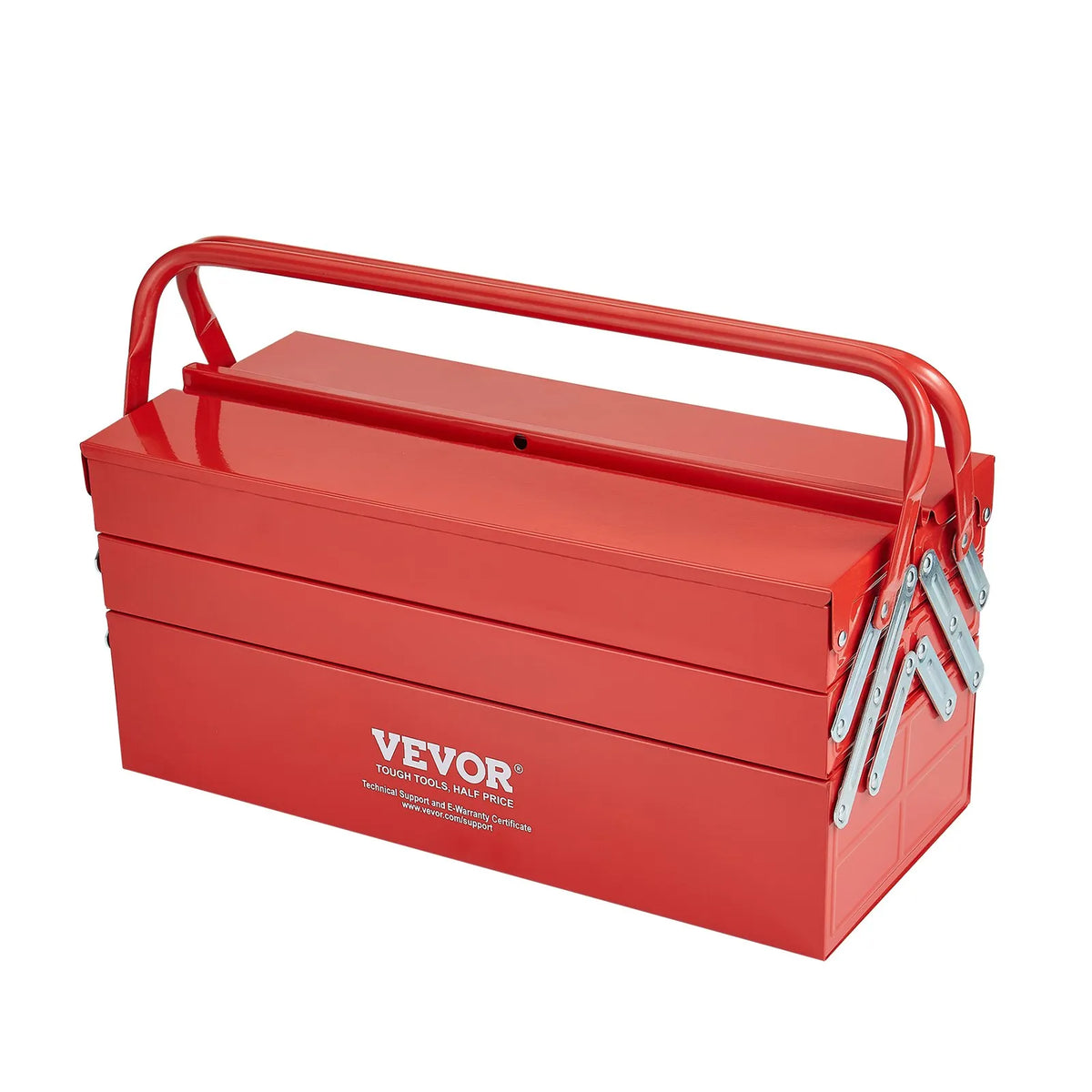VEVOR Folding Metal Tool Box 457 mm, 3 Tiers, 5 Compartments, with Handle and Lock Slot, Red