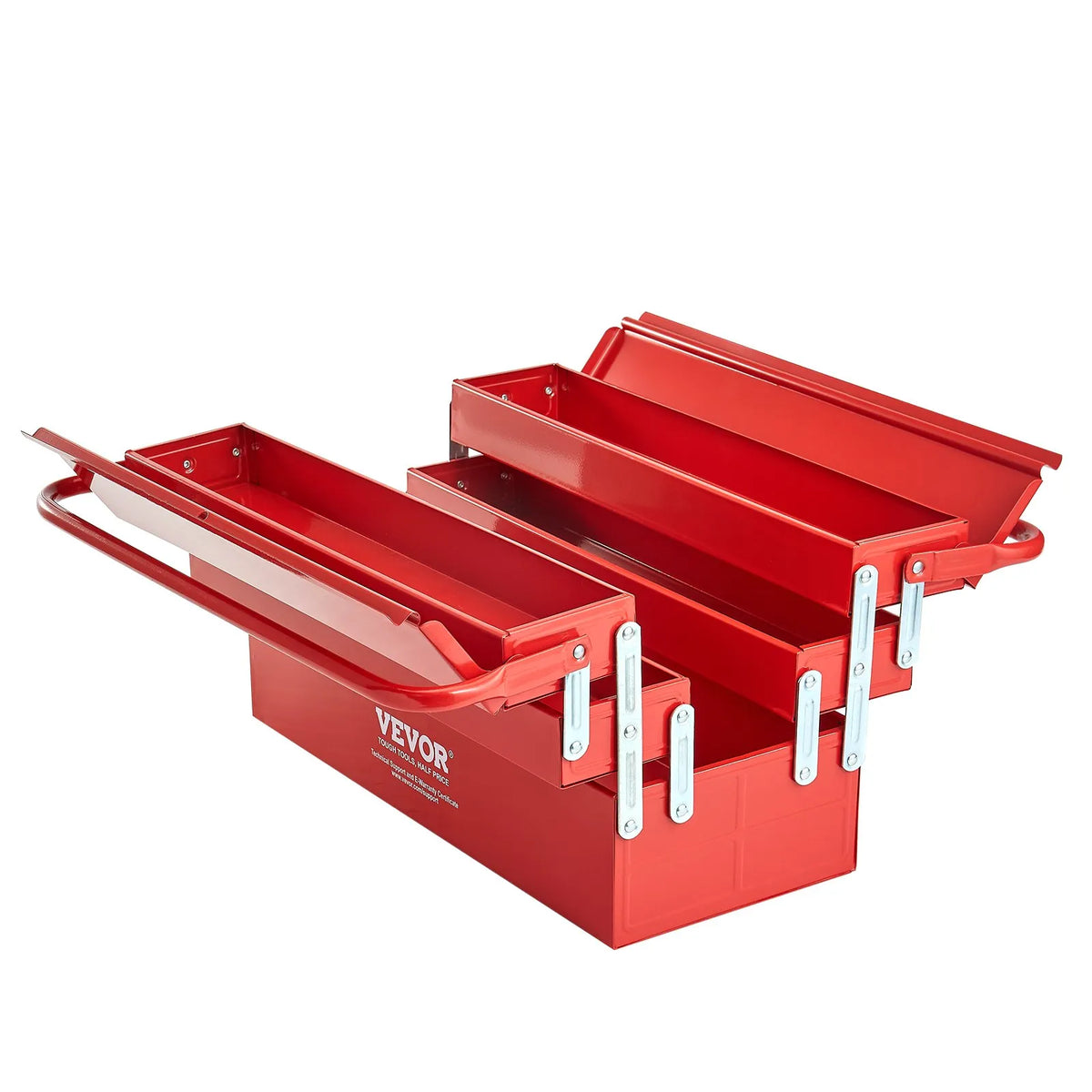 VEVOR Folding Metal Tool Box 457 mm, 3 Tiers, 5 Compartments, with Handle and Lock Slot, Red
