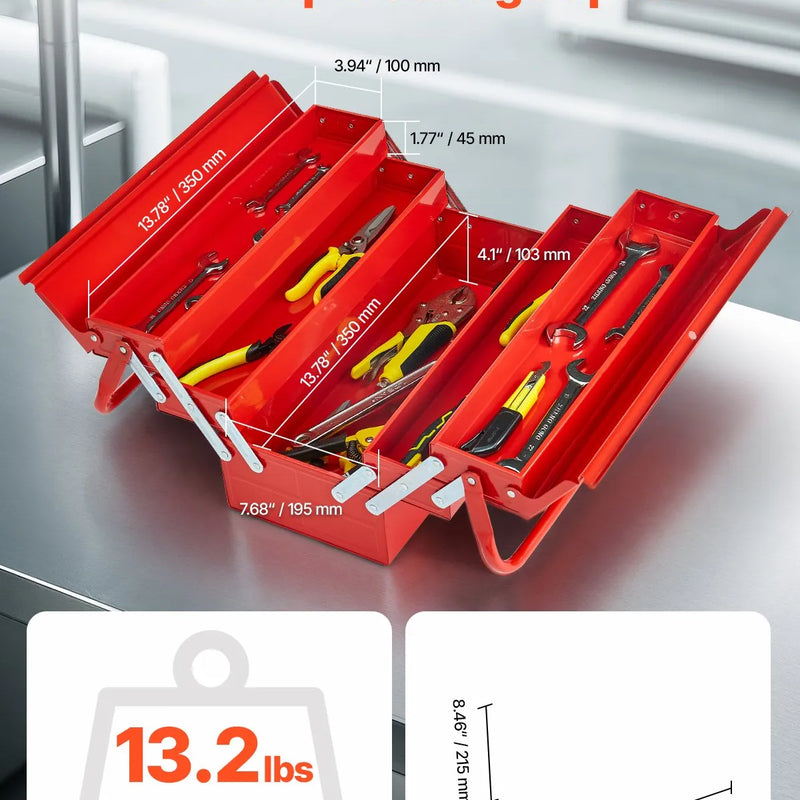 Metāla instrumentu kaste 45,7 cm, 3 līmeņu 5 nodalījumu salokāma pārnēsājama ar rokturi un aizslēga vietu, pulverkrāsots tērauds, sarkana