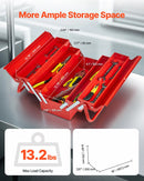 Metāla instrumentu kaste 45,7 cm, 3 līmeņu 5 nodalījumu salokāma pārnēsājama ar rokturi un aizslēga vietu, pulverkrāsots tērauds, sarkana