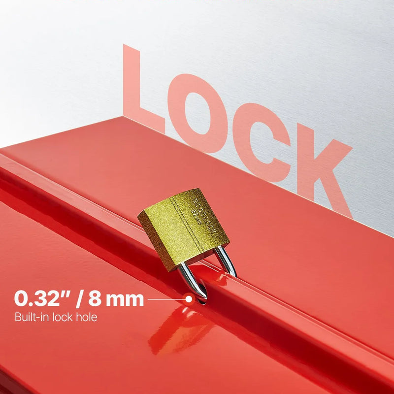 Metāla instrumentu kaste 45,7 cm, 3 līmeņu 5 nodalījumu salokāma pārnēsājama ar rokturi un aizslēga vietu, pulverkrāsots tērauds, sarkana