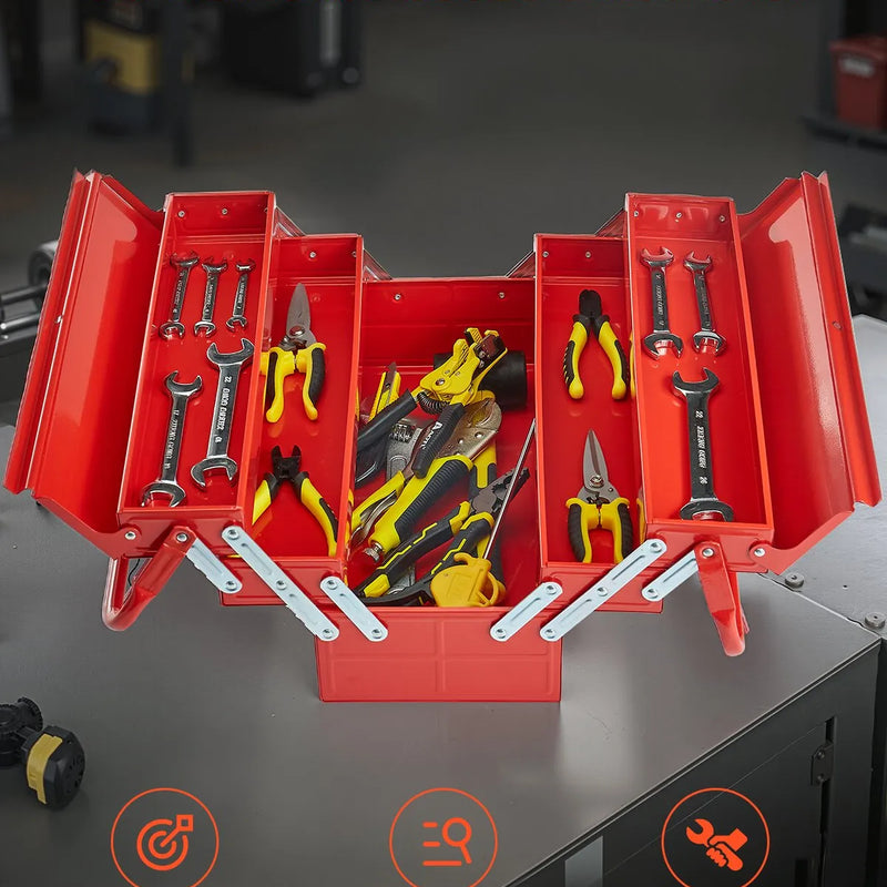 Metāla instrumentu kaste 45,7 cm, 3 līmeņu 5 nodalījumu salokāma pārnēsājama ar rokturi un aizslēga vietu, pulverkrāsots tērauds, sarkana