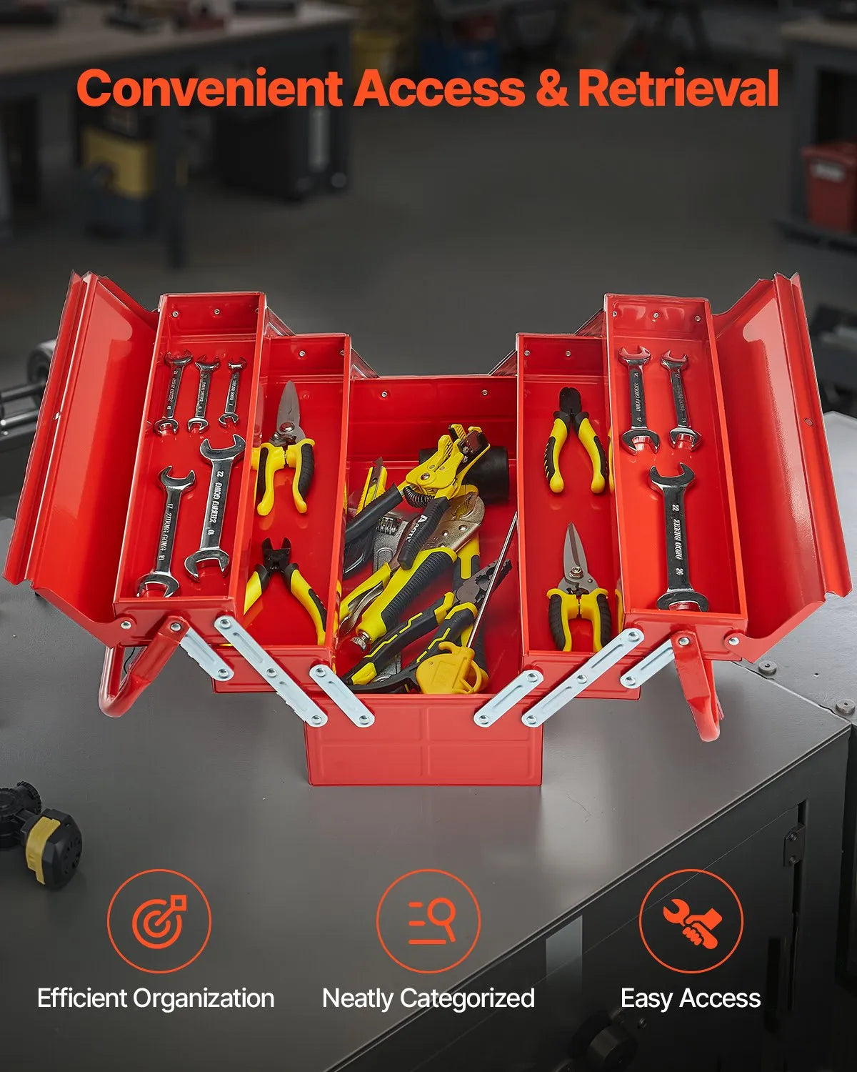 VEVOR Folding Metal Tool Box 457 mm, 3 Tiers, 5 Compartments, with Handle and Lock Slot, Red