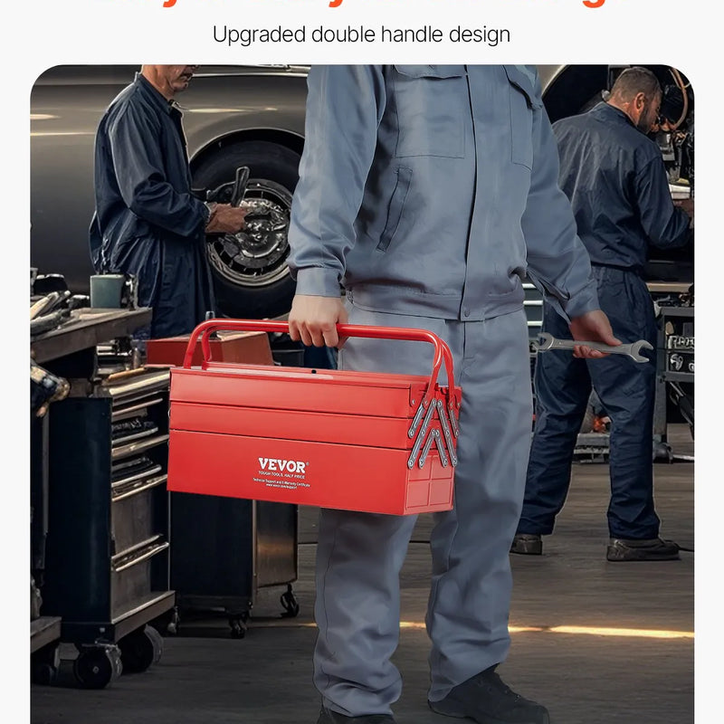 Metāla instrumentu kaste 45,7 cm, 3 līmeņu 5 nodalījumu salokāma pārnēsājama ar rokturi un aizslēga vietu, pulverkrāsots tērauds, sarkana