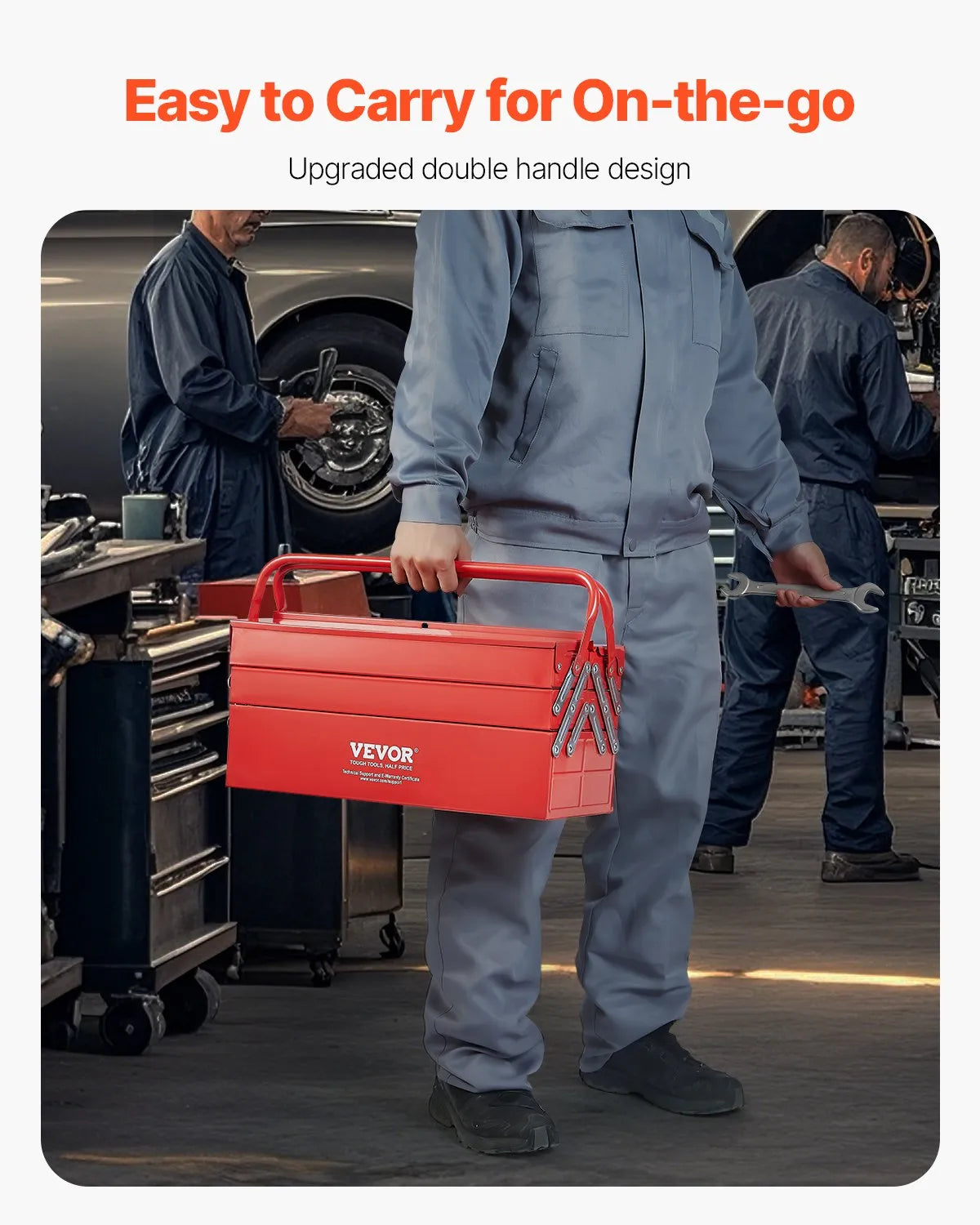 VEVOR Folding Metal Tool Box 457 mm, 3 Tiers, 5 Compartments, with Handle and Lock Slot, Red