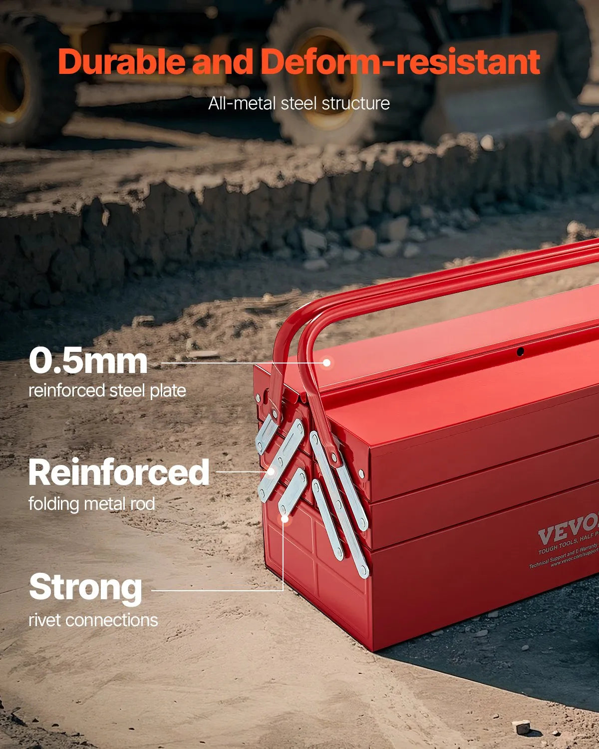 VEVOR Folding Metal Tool Box 457 mm, 3 Tiers, 5 Compartments, with Handle and Lock Slot, Red