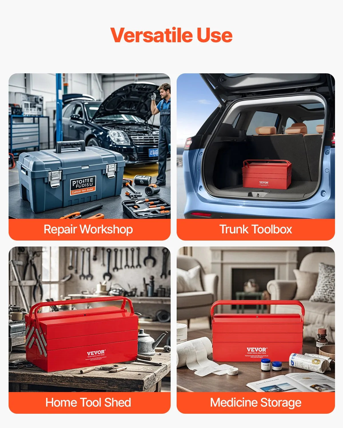 VEVOR Folding Metal Tool Box 457 mm, 3 Tiers, 5 Compartments, with Handle and Lock Slot, Red