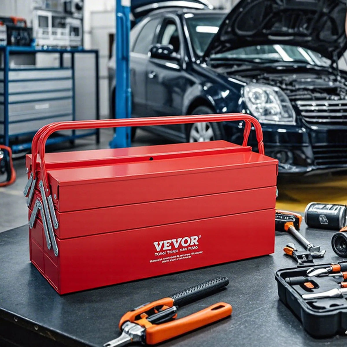 VEVOR Folding Metal Tool Box 457 mm, 3 Tiers, 5 Compartments, with Handle and Lock Slot, Red