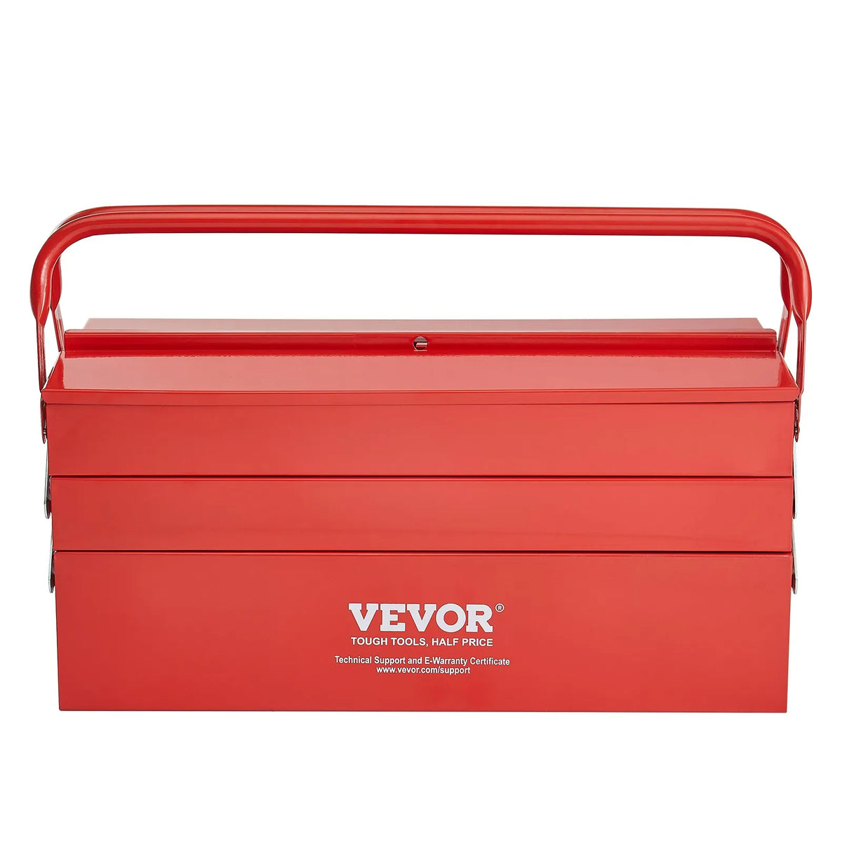 VEVOR Folding Metal Tool Box 457 mm, 3 Tiers, 5 Compartments, with Handle and Lock Slot, Red