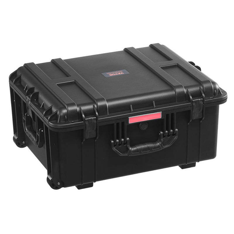 VEVOR 99 L ūdensnecaurlaidīgs un putekļdrošs cietais pārvadāšanas konteiners ar riteņiem, izbīdāmu rokturi, IP67 aizsardzību, aizdares klipšiem, piekaramās atslēgas atverēm un putu ieliktni, melns, liels izmērs