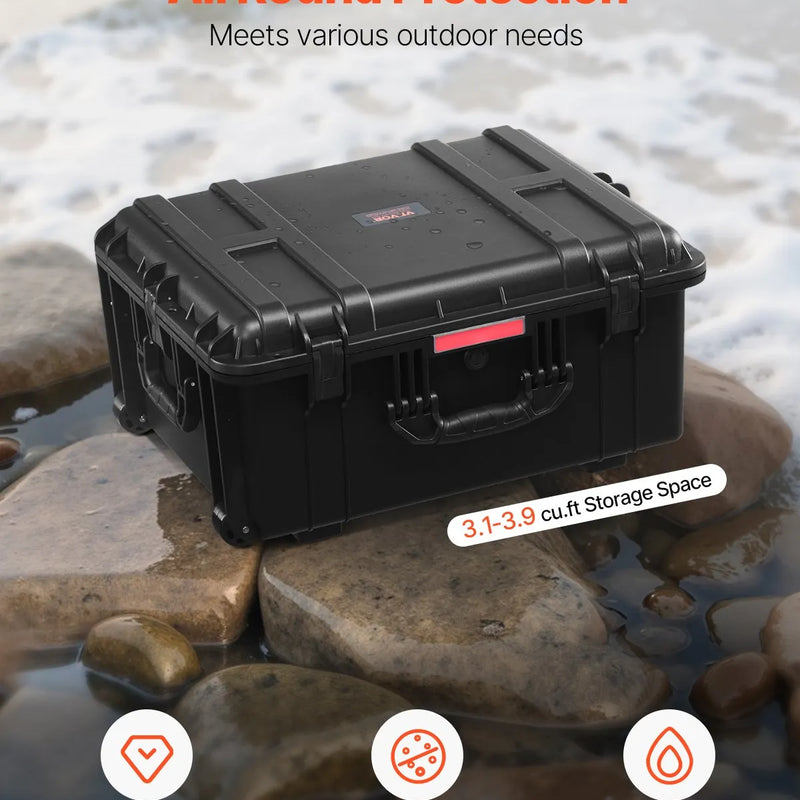 VEVOR 99 L ūdensnecaurlaidīgs un putekļdrošs cietais pārvadāšanas konteiners ar riteņiem, izbīdāmu rokturi, IP67 aizsardzību, aizdares klipšiem, piekaramās atslēgas atverēm un putu ieliktni, melns, liels izmērs