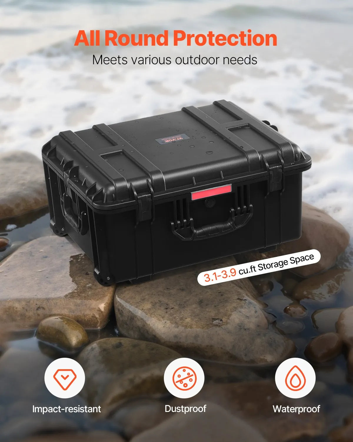 VEVOR 99 L Waterproof and Dustproof Hard Carrying Case with Wheels, Retractable Handle, IP67 Protection, Latch Clips, Hanging Key Openings and Foam Insert, Black, Large Size