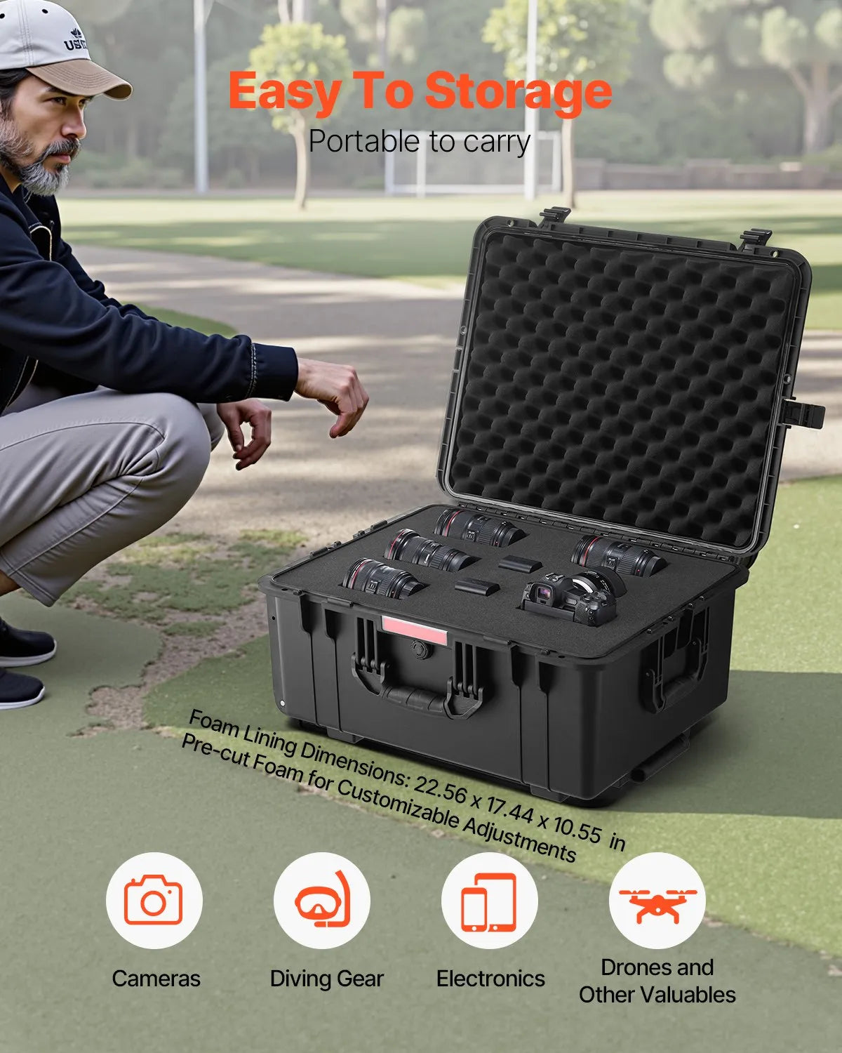 VEVOR 99 L Waterproof and Dustproof Hard Carrying Case with Wheels, Retractable Handle, IP67 Protection, Latch Clips, Hanging Key Openings and Foam Insert, Black, Large Size