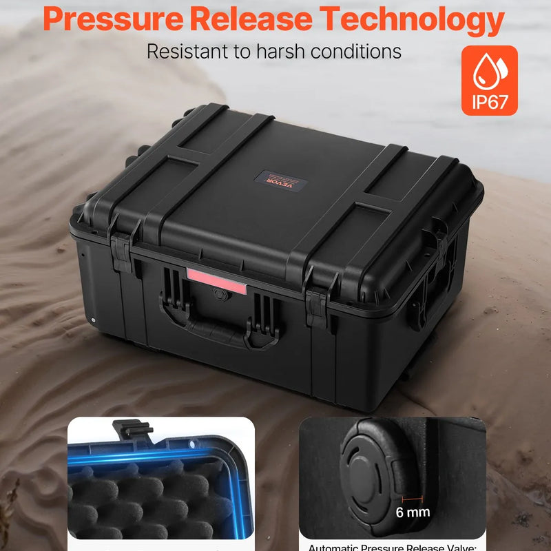 VEVOR 99 L ūdensnecaurlaidīgs un putekļdrošs cietais pārvadāšanas konteiners ar riteņiem, izbīdāmu rokturi, IP67 aizsardzību, aizdares klipšiem, piekaramās atslēgas atverēm un putu ieliktni, melns, liels izmērs