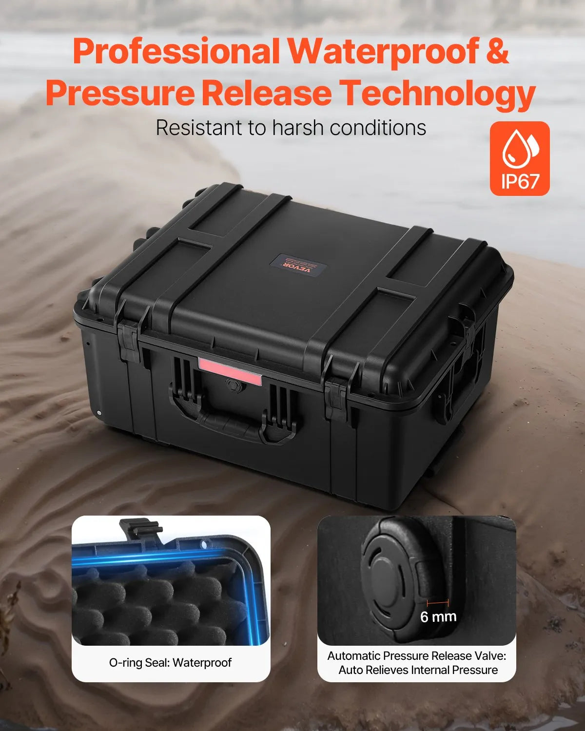 VEVOR 99 L Waterproof and Dustproof Hard Carrying Case with Wheels, Retractable Handle, IP67 Protection, Latch Clips, Hanging Key Openings and Foam Insert, Black, Large Size