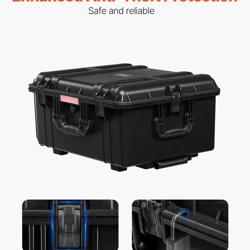 VEVOR 99 L ūdensnecaurlaidīgs un putekļdrošs cietais pārvadāšanas konteiners ar riteņiem, izbīdāmu rokturi, IP67 aizsardzību, aizdares klipšiem, piekaramās atslēgas atverēm un putu ieliktni, melns, liels izmērs