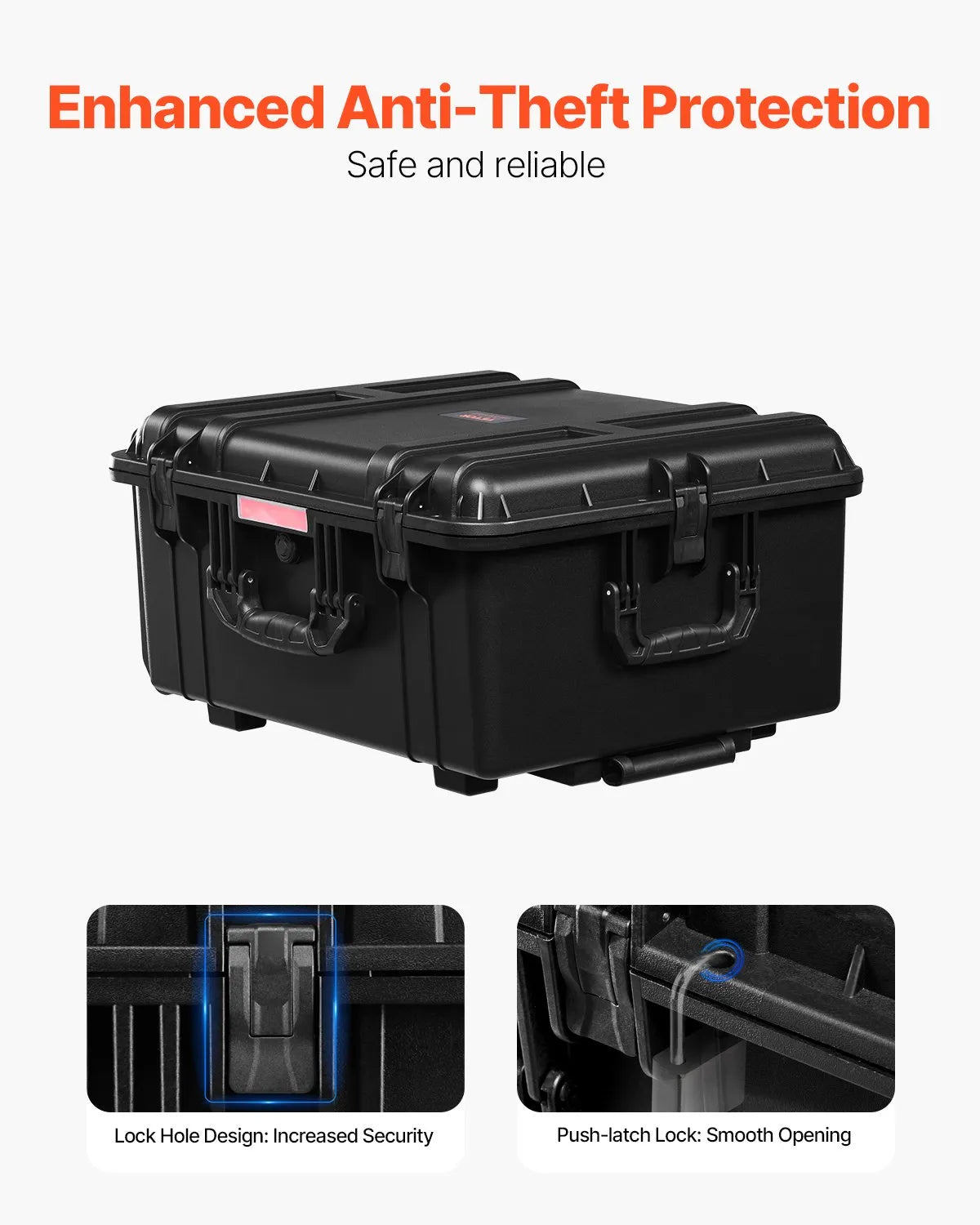 VEVOR 99 L Waterproof and Dustproof Hard Carrying Case with Wheels, Retractable Handle, IP67 Protection, Latch Clips, Hanging Key Openings and Foam Insert, Black, Large Size