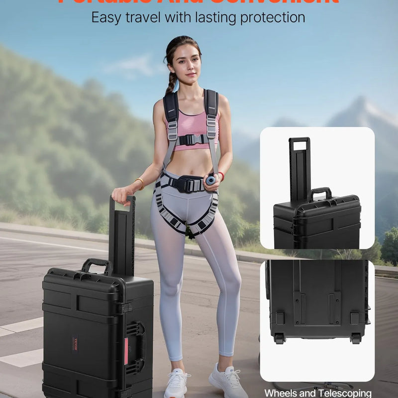 VEVOR 99 L ūdensnecaurlaidīgs un putekļdrošs cietais pārvadāšanas konteiners ar riteņiem, izbīdāmu rokturi, IP67 aizsardzību, aizdares klipšiem, piekaramās atslēgas atverēm un putu ieliktni, melns, liels izmērs