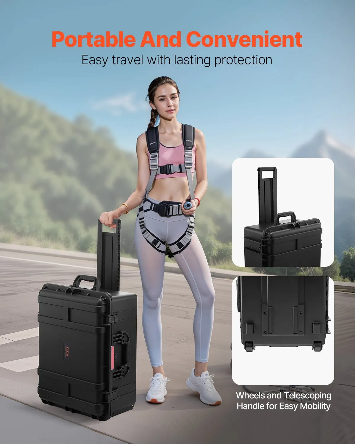 VEVOR 99 L Waterproof and Dustproof Hard Carrying Case with Wheels, Retractable Handle, IP67 Protection, Latch Clips, Hanging Key Openings and Foam Insert, Black, Large Size