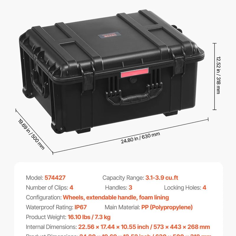VEVOR 99 L ūdensnecaurlaidīgs un putekļdrošs cietais pārvadāšanas konteiners ar riteņiem, izbīdāmu rokturi, IP67 aizsardzību, aizdares klipšiem, piekaramās atslēgas atverēm un putu ieliktni, melns, liels izmērs