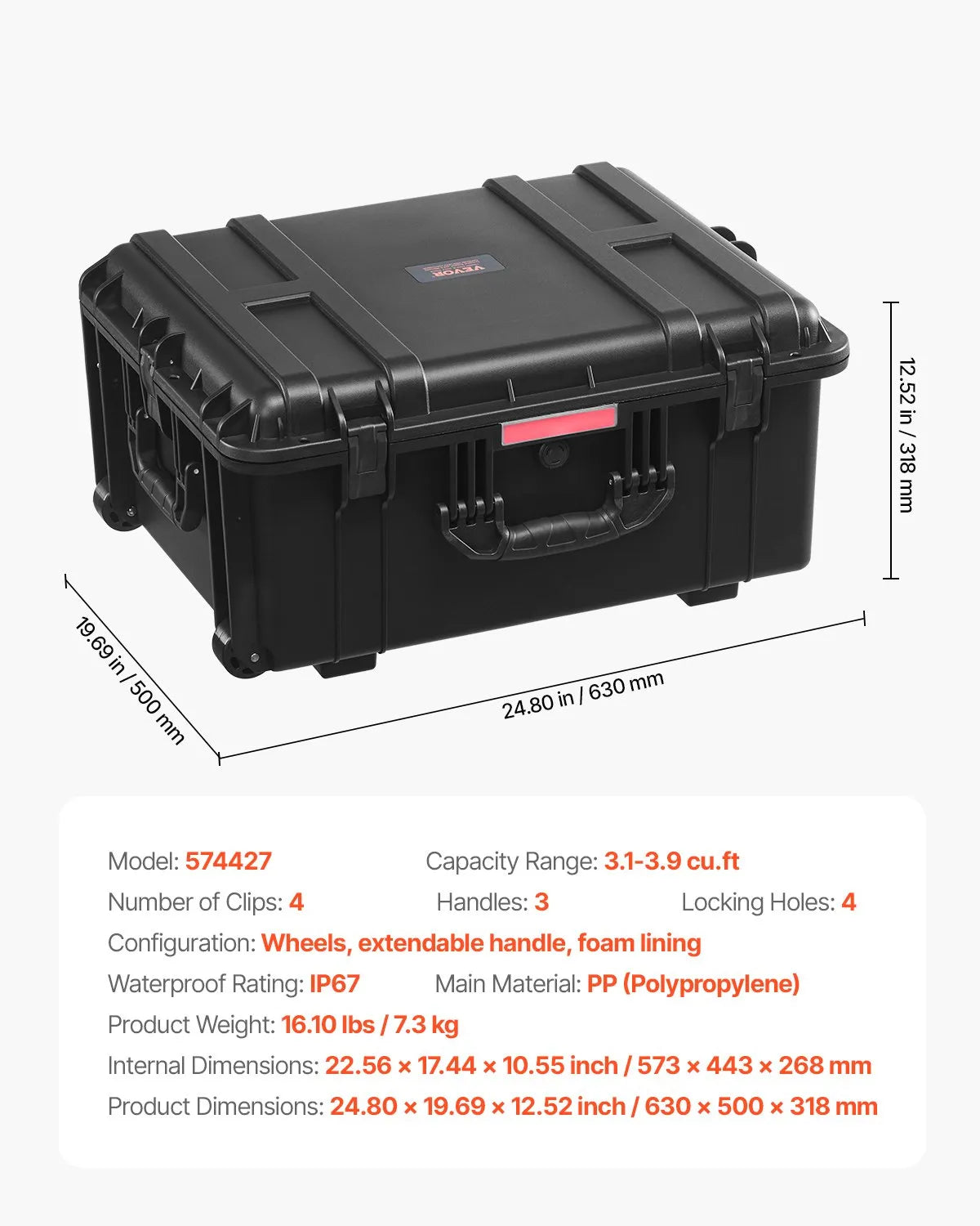 VEVOR 99 L Waterproof and Dustproof Hard Carrying Case with Wheels, Retractable Handle, IP67 Protection, Latch Clips, Hanging Key Openings and Foam Insert, Black, Large Size