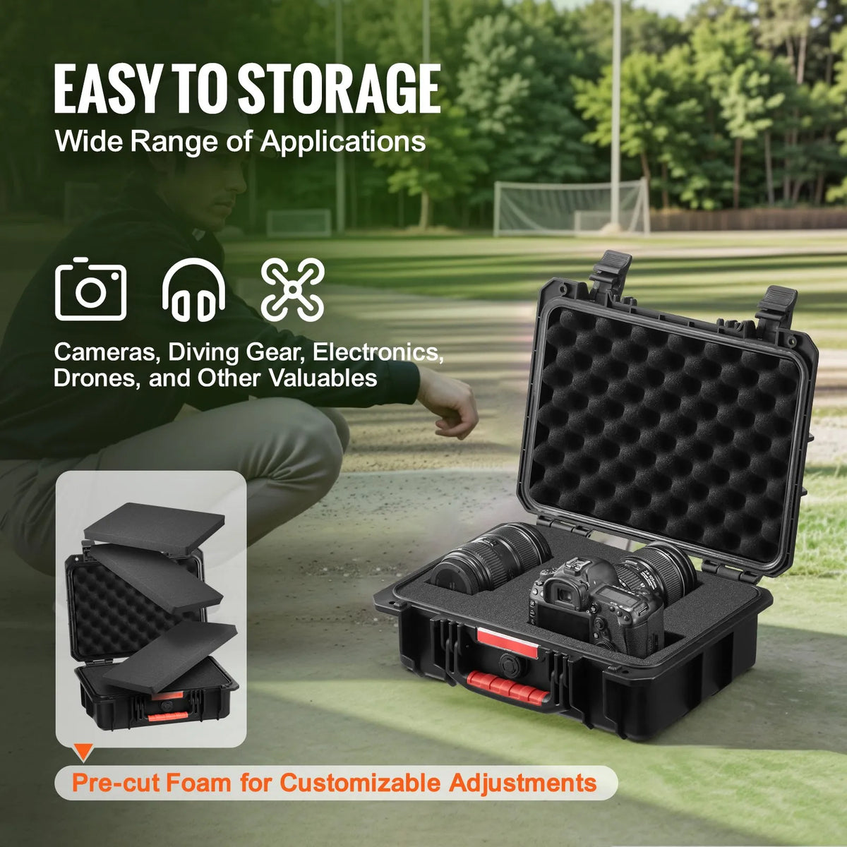Durable Hard Protective Case with Foam Insert and Retractable Handle, IP67 Waterproof, 40 × 32 × 16.6 cm