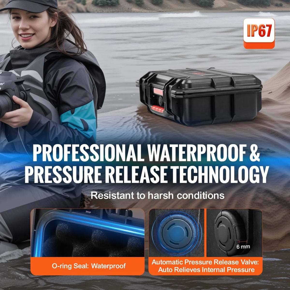Durable Hard Protective Case with Foam Insert and Retractable Handle, IP67 Waterproof, 40 × 32 × 16.6 cm