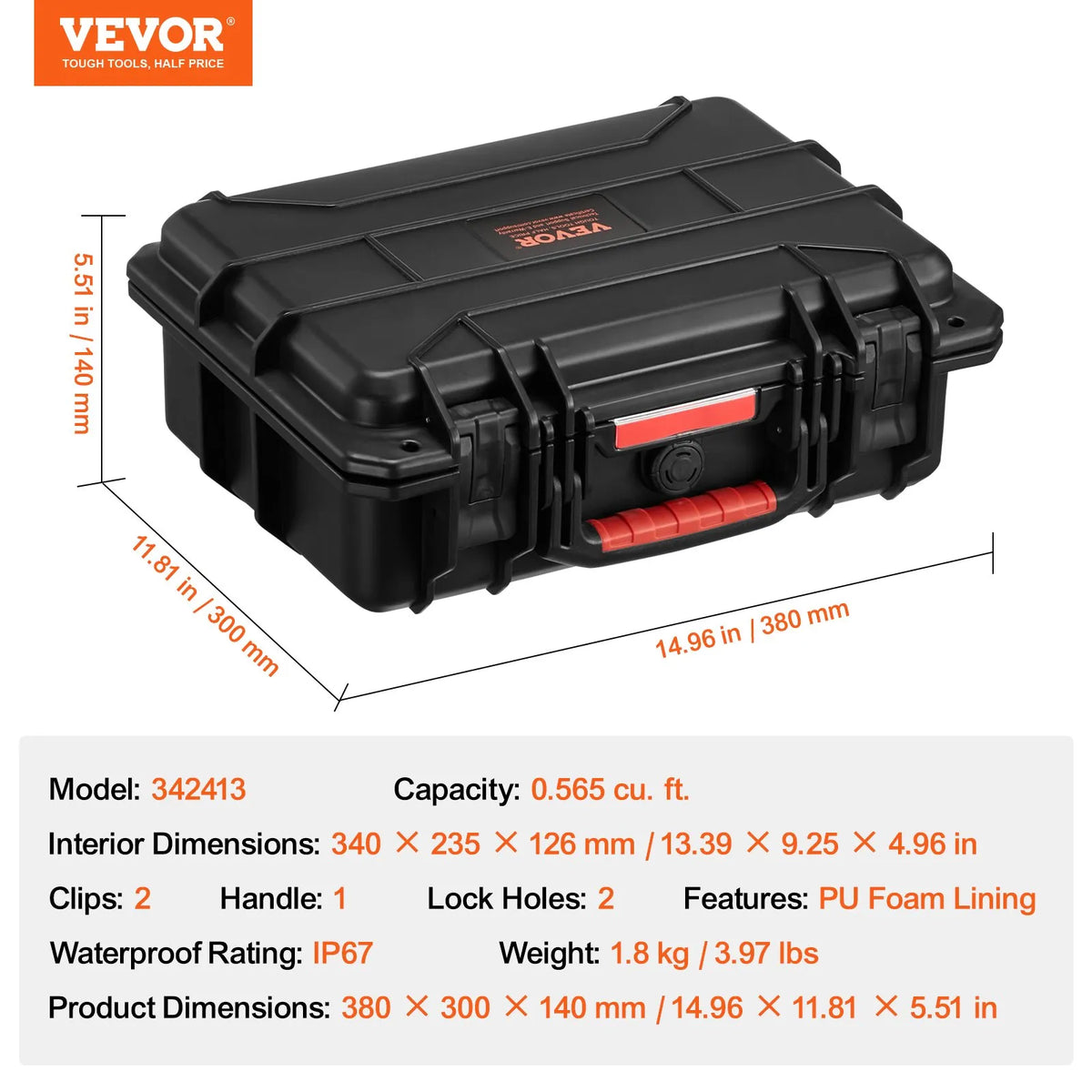 Durable Hard Protective Case with Foam Insert and Retractable Handle, IP67 Waterproof, 40 × 32 × 16.6 cm