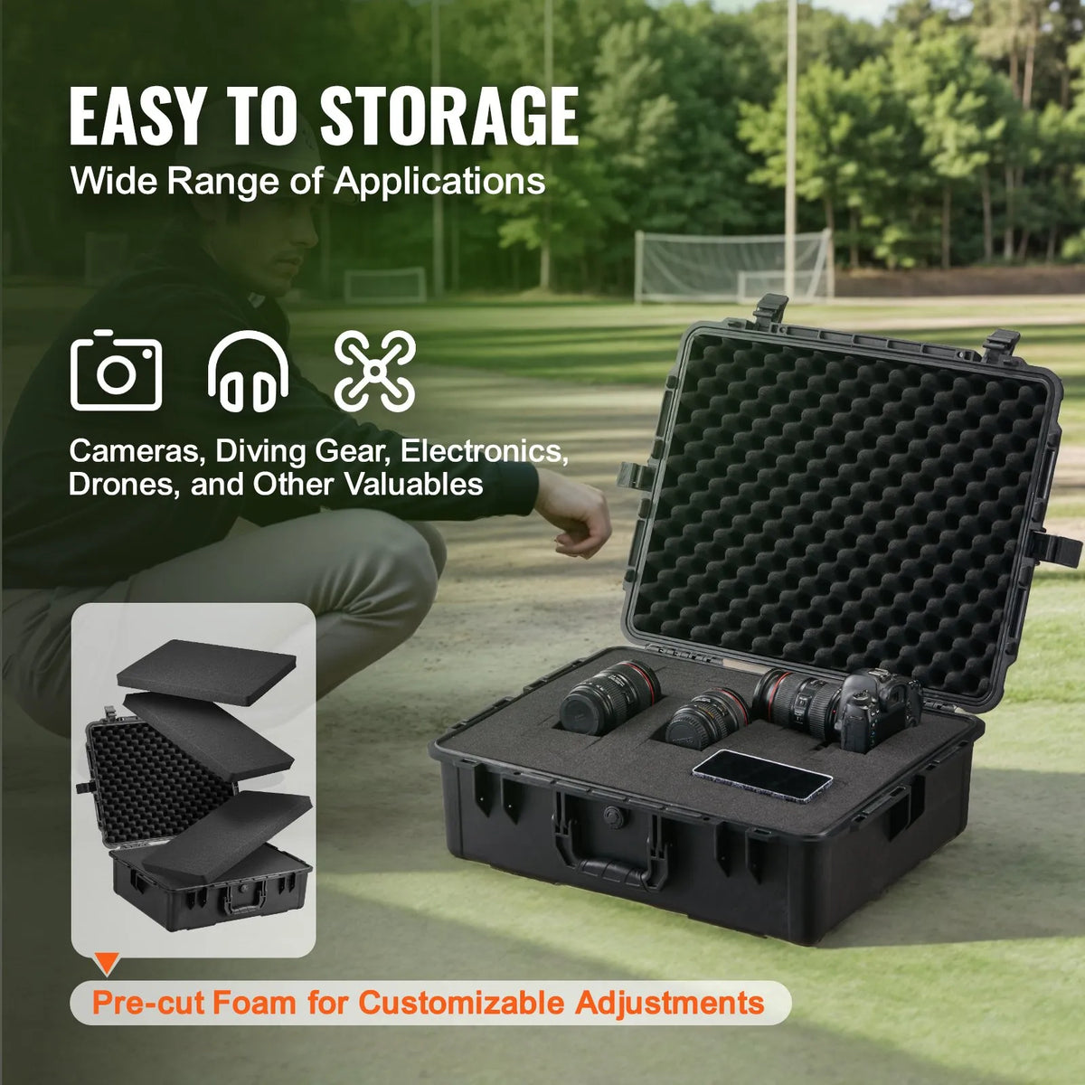 Durable Hard Protective Case with Foam Insert and Retractable Handle, IP67 Waterproof, 56.1 × 37 × 26 cm