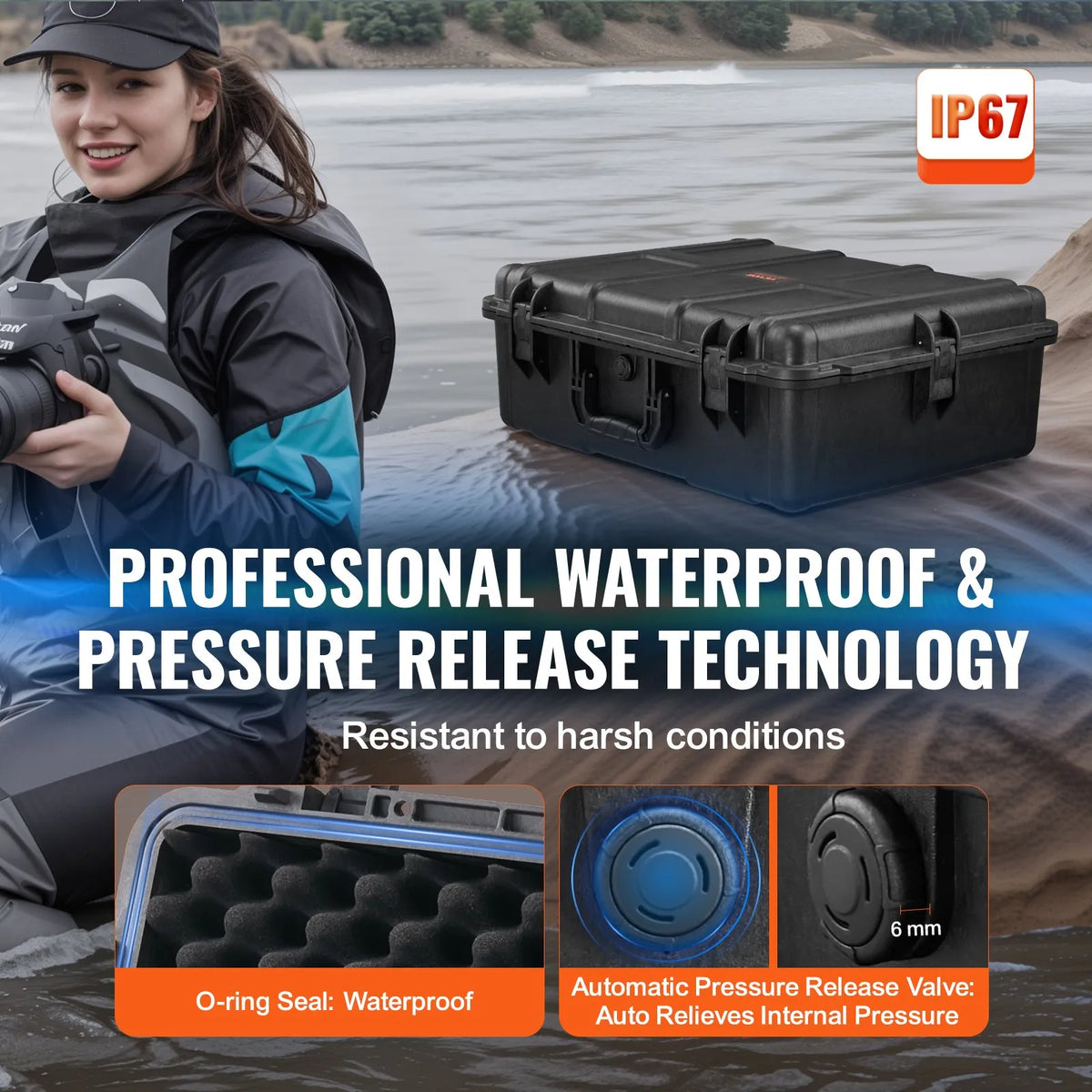 Durable Hard Protective Case with Foam Insert and Retractable Handle, IP67 Waterproof, 56.1 × 37 × 26 cm