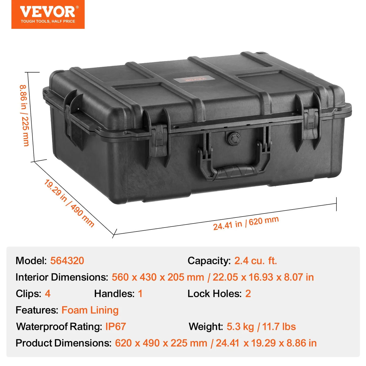 Durable Hard Protective Case with Foam Insert and Retractable Handle, IP67 Waterproof, 56.1 × 37 × 26 cm
