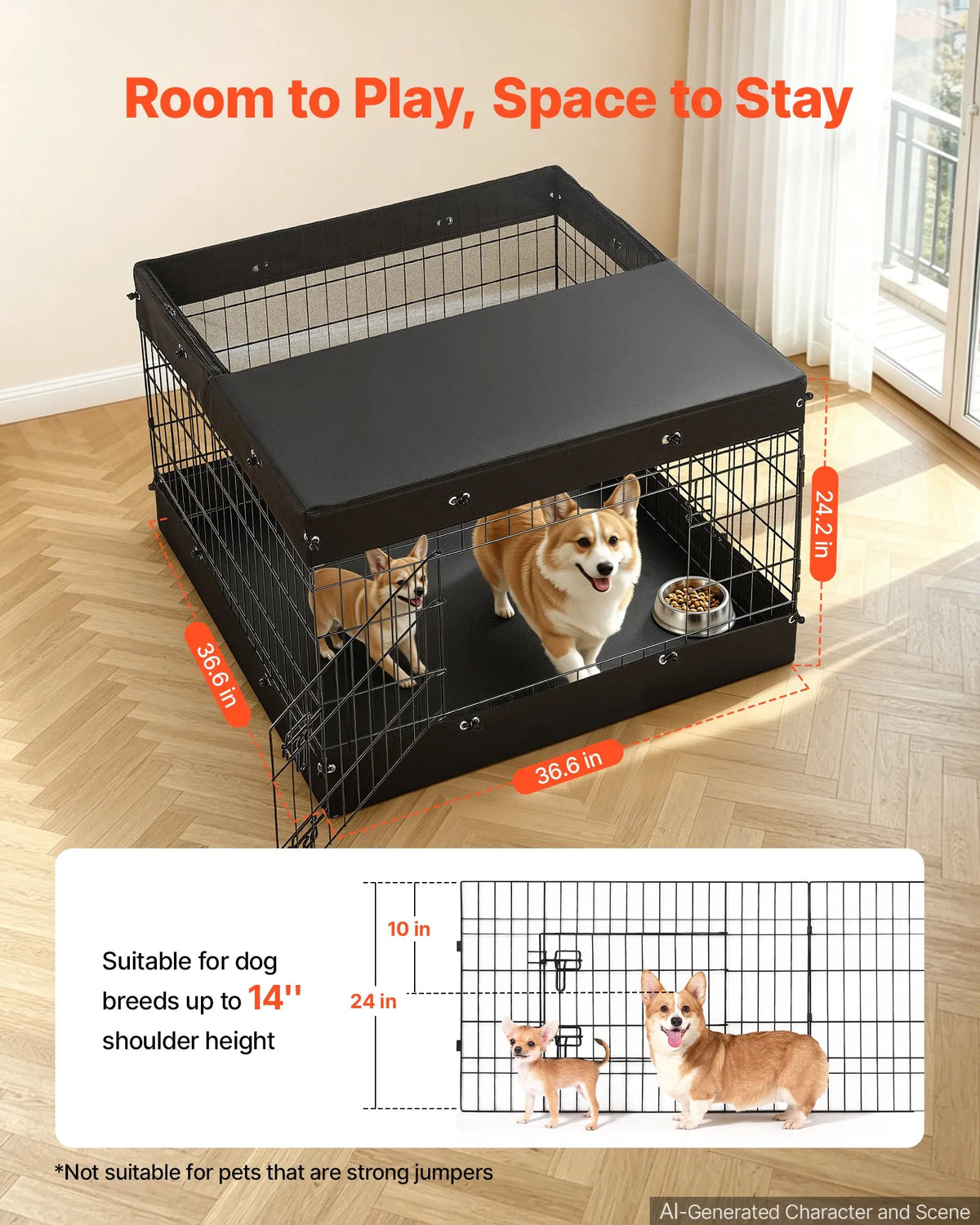 VEVOR salokāms metāla suņu aploks ar pārsegu un pamatni, 4 paneļi, 61 cm, melns
