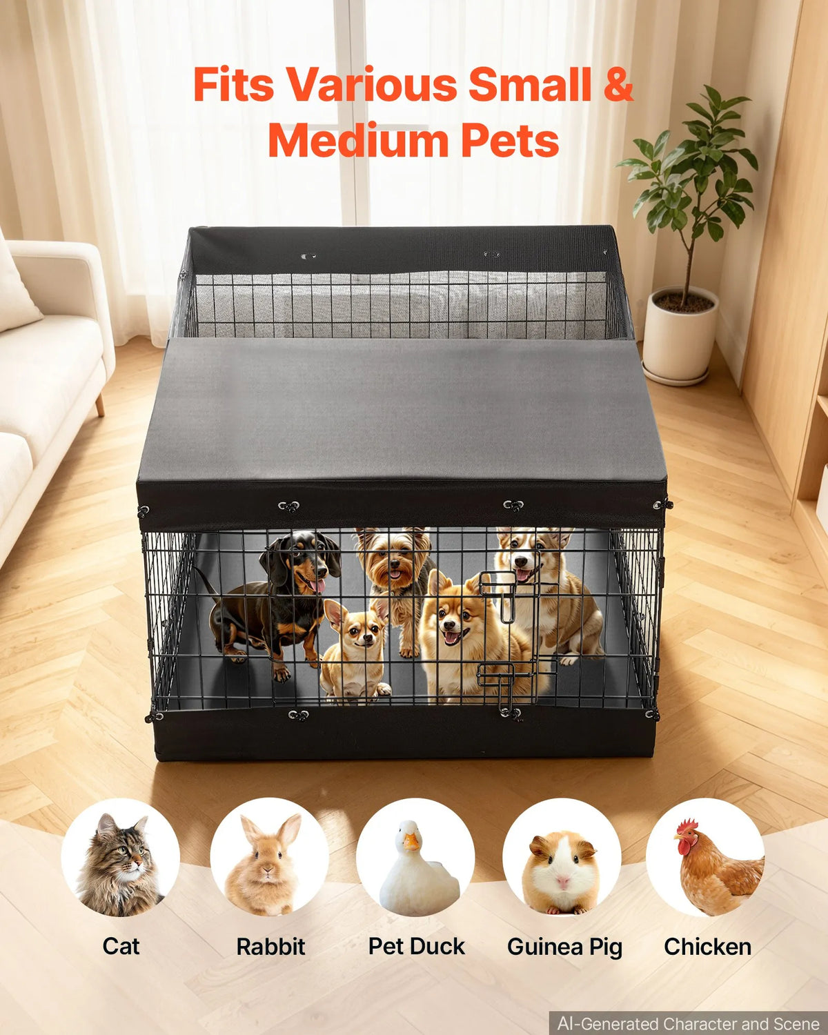 VEVOR salokāms metāla suņu aploks ar pārsegu un pamatni, 4 paneļi, 61 cm, melns