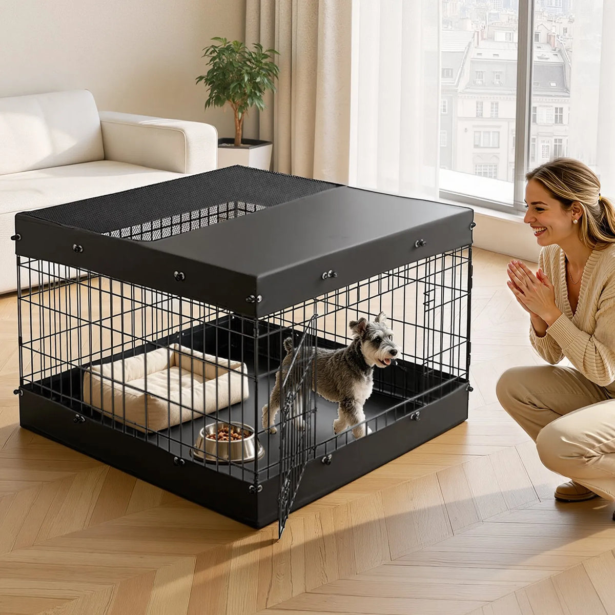VEVOR salokāms metāla suņu aploks ar pārsegu un pamatni, 4 paneļi, 61 cm, melns