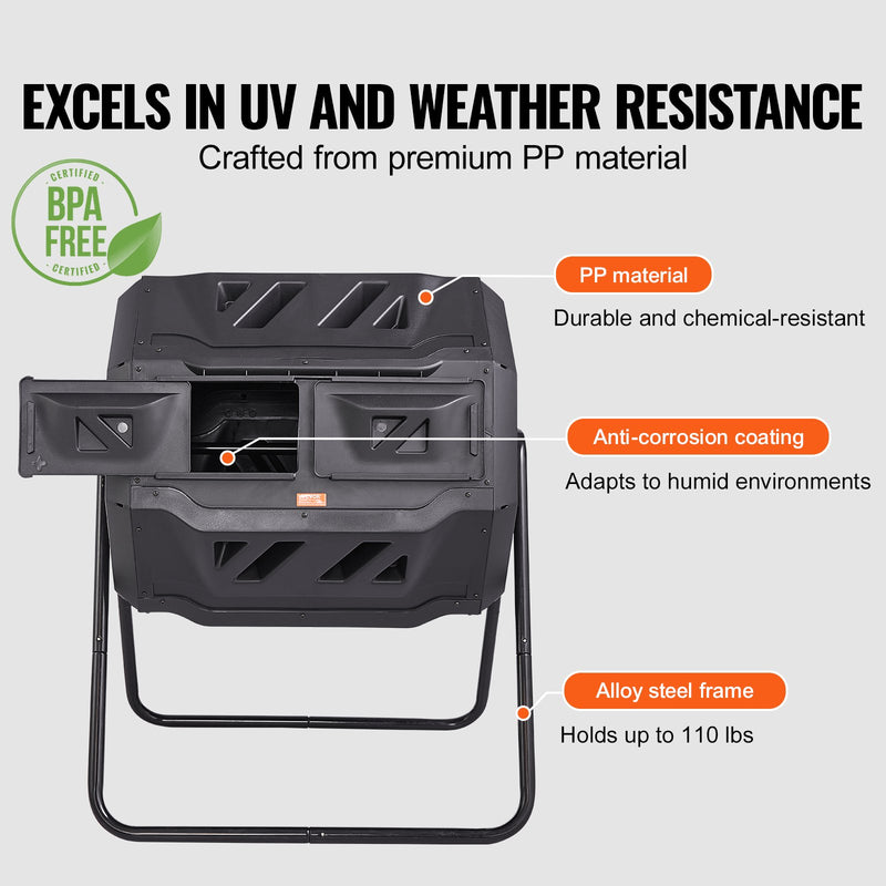 VEVOR Komposta Kaste, 43 Gal Divu Kameru Kompostēšanas Tumbleris, Liels Rotējošs Kompostētājs ar 2 Slīdošām Durvīm un Tērauda Rāmi, BPA Bezmaksas Dārzam, Virtuvei, Ārā