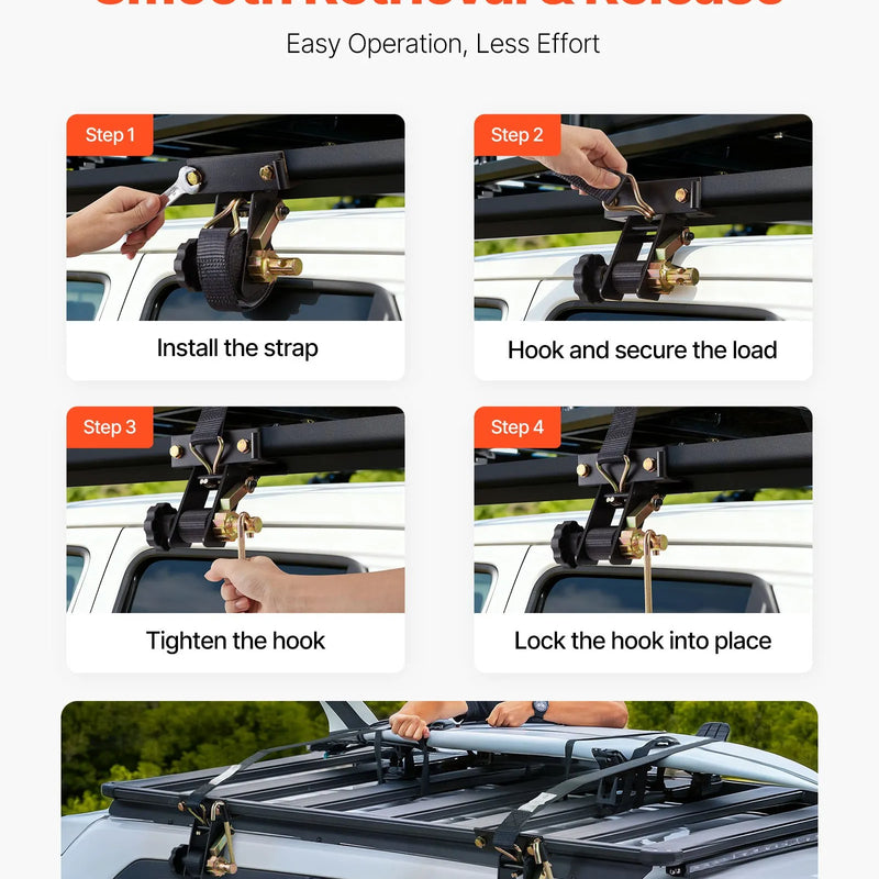 VEVOR kāpņu statņa spriegšanas siksnas, melnas, piemērotas kvadrātveida caurules stiprināšanai, 38 mm platas × 2,25 m garas, ar dubultiem J-āķiem, smagajai kravai līdz 226,8 kg, ar sprādzes bloķēšanas mehānismu (2 gab.)