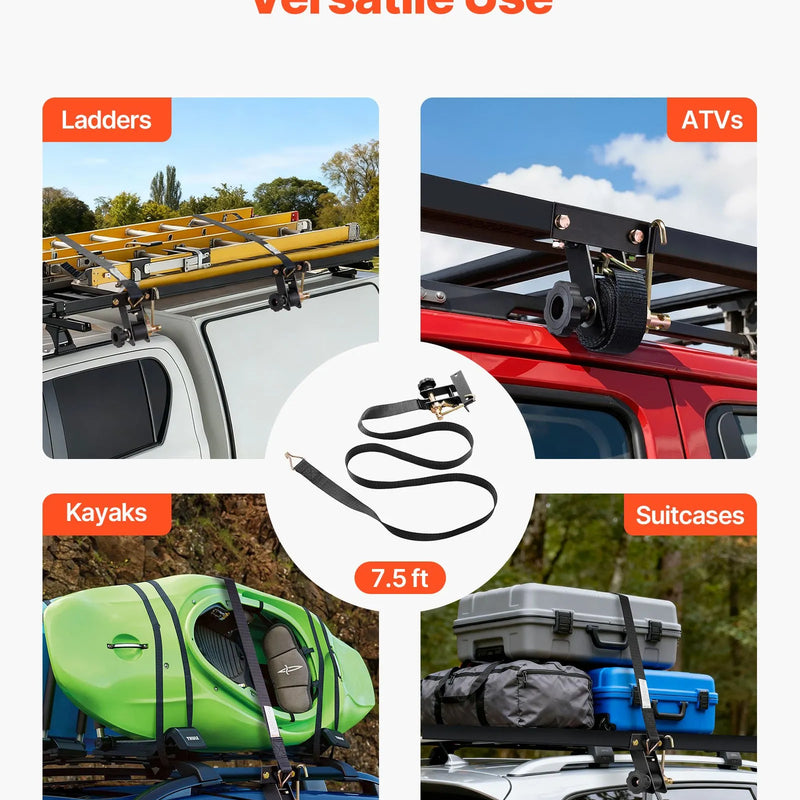 VEVOR kāpņu statņa spriegšanas siksnas, melnas, piemērotas kvadrātveida caurules stiprināšanai, 38 mm platas × 2,25 m garas, ar dubultiem J-āķiem, smagajai kravai līdz 226,8 kg, ar sprādzes bloķēšanas mehānismu (2 gab.)