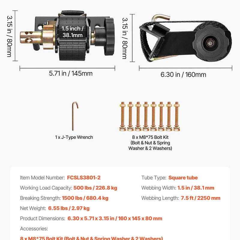 VEVOR kāpņu statņa spriegšanas siksnas, melnas, piemērotas kvadrātveida caurules stiprināšanai, 38 mm platas × 2,25 m garas, ar dubultiem J-āķiem, smagajai kravai līdz 226,8 kg, ar sprādzes bloķēšanas mehānismu (2 gab.)