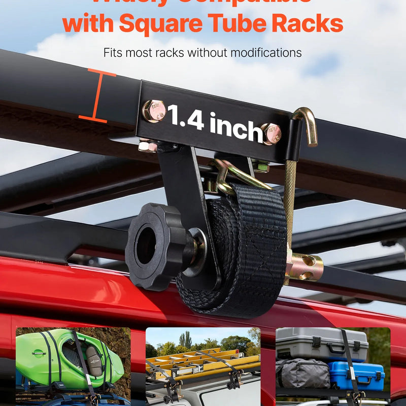 VEVOR trepju bagāžnieka sprūdrata siksnas, melns kvadrātcaurules stiprinājums, 38 mm platas un 2,25 m garas siksnas ar dubultiem J veida āķiem, maksimālā slodze 226,8 kg, pastiprināta kravas fiksācijas sprādze, komplekts 4 gab.