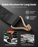 VEVOR trepju bagāžnieka sprūdrata siksnas, melns kvadrātcaurules stiprinājums, 38 mm platas un 2,25 m garas siksnas ar dubultiem J veida āķiem, maksimālā slodze 226,8 kg, pastiprināta kravas fiksācijas sprādze, komplekts 4 gab.