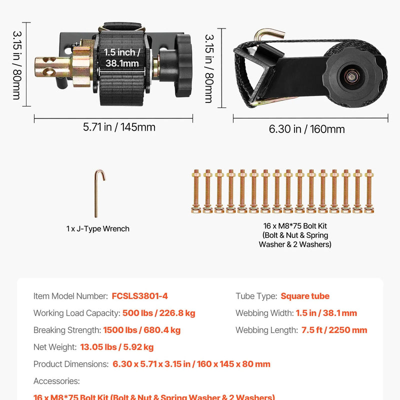 VEVOR trepju bagāžnieka sprūdrata siksnas, melns kvadrātcaurules stiprinājums, 38 mm platas un 2,25 m garas siksnas ar dubultiem J veida āķiem, maksimālā slodze 226,8 kg, pastiprināta kravas fiksācijas sprādze, komplekts 4 gab.
