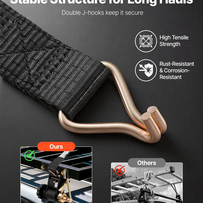 VEVOR sprūdrata stiprinājuma siksnas kāpņu bagāžniekam, stiprinājums kvadrātveida caurulei, 38 mm × 2,25 m, ar dubultajiem J veida āķiem, kravnesība 226,8 kg, lieljaudas kravas fiksācijas siksnas, melnas, 8 gab. komplekts