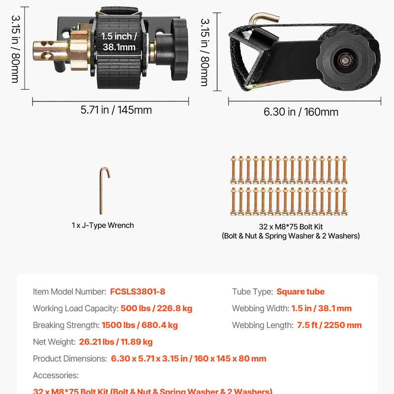 VEVOR sprūdrata stiprinājuma siksnas kāpņu bagāžniekam, stiprinājums kvadrātveida caurulei, 38 mm × 2,25 m, ar dubultajiem J veida āķiem, kravnesība 226,8 kg, lieljaudas kravas fiksācijas siksnas, melnas, 8 gab. komplekts