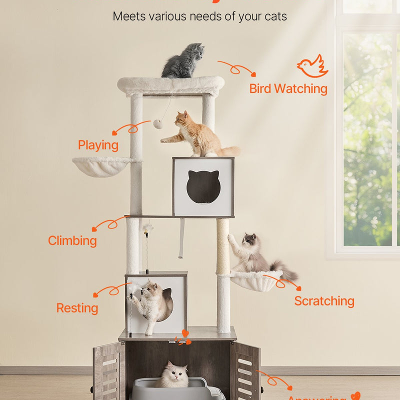 VEVOR 2-in-1 kaķu tornis ar pakaišu kastes slēptuvi un rotaļu zonu