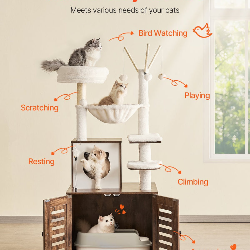 VEVOR liels 2-in-1 kaķu tornis un tualetes skapītis - iekštelpu kaķu rotaļu māja