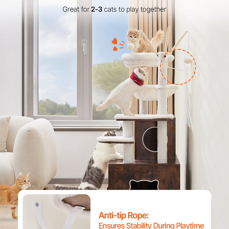 VEVOR liels 2-in-1 kaķu tornis un tualetes skapītis - iekštelpu kaķu rotaļu māja